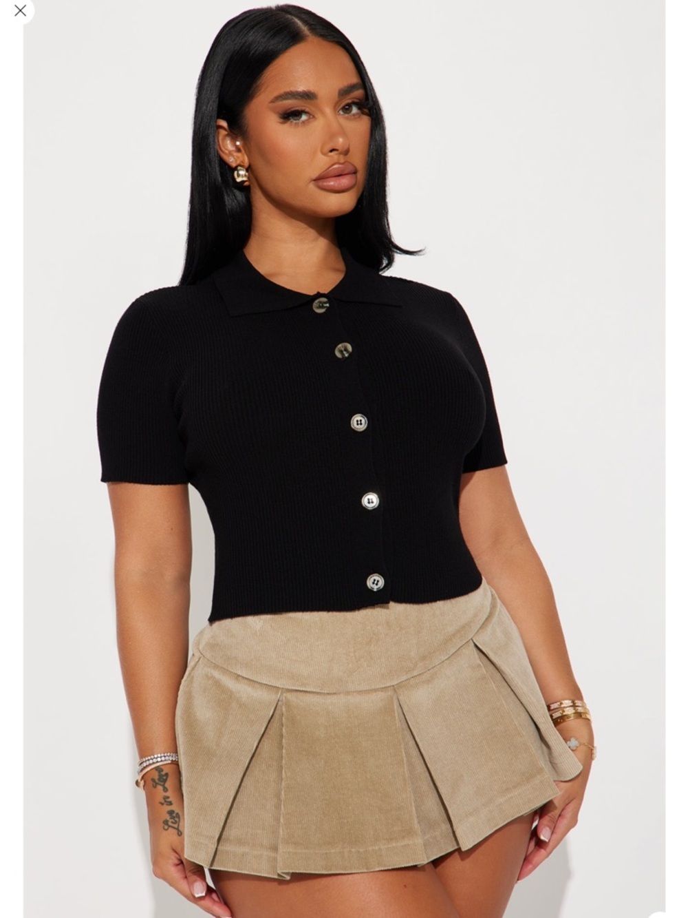 Black Ribbed Button-Front Polo Top - Picture 3 of 3